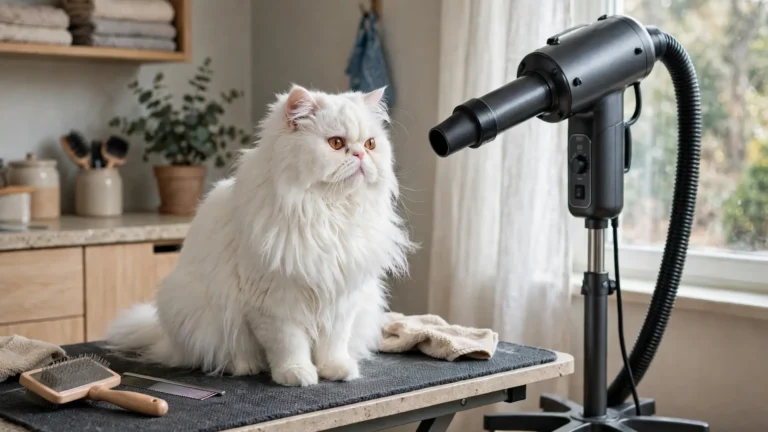 White Persian cat on a grooming table next to a pet dryer